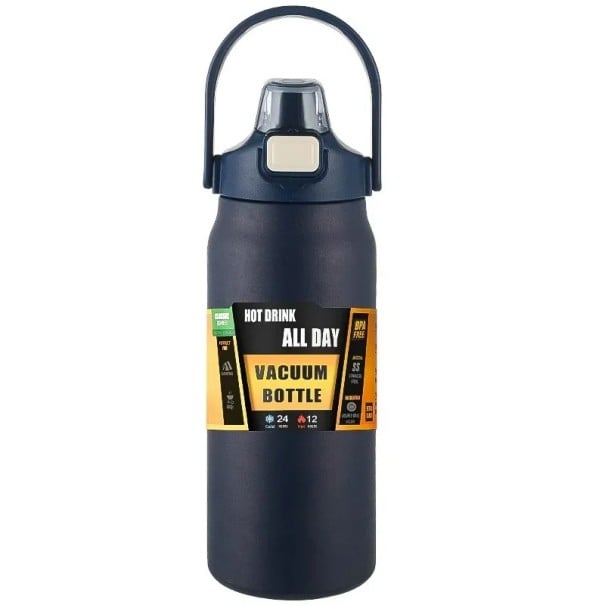 Thermal Flask with Straw 1200 ml Stainless Steel Double-Walled Thermal Bottle for Cold and Hot Drinks Insulated Bottle with Straw Waterproof Lid Travel Flask dark blue