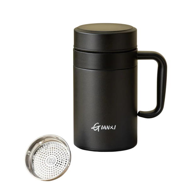 Thermobecher mit herausnehmbarem Filter und festem Deckel 500 ml Edelstahl mit Griff Thermobecher für Tee und Kaffee für den täglichen Gebrauch schwarz