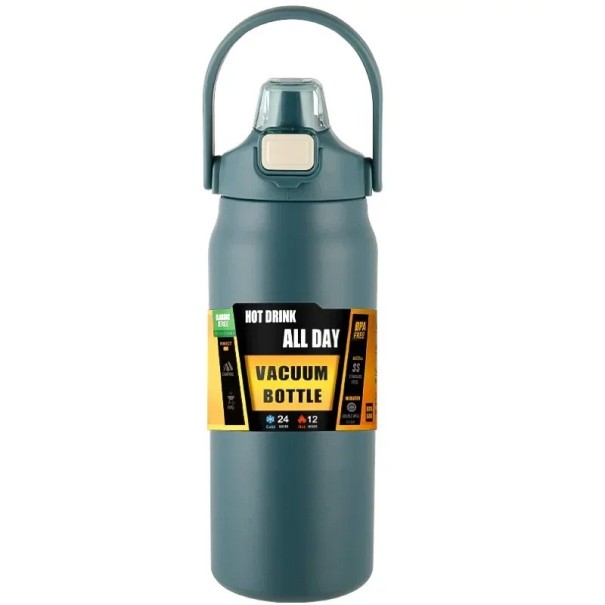 Thermos cu paie 1200 ml Oțel inoxidabil Sticlă termos cu pereți dubli pentru băuturi reci și calde Sticlă izolată cu paie Capac impermeabil Termos de călătorie albastru