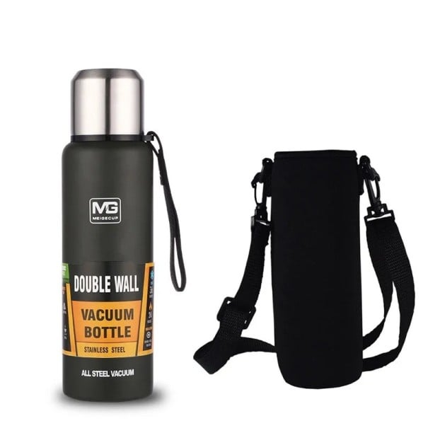 Thermosflasche aus Edelstahl, 500 ml, mit Tasche, doppelwandige Vakuumisolierung, Thermoflasche für heiße und kalte Getränke grün
