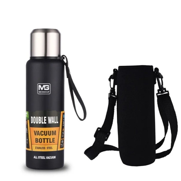 Thermosflasche aus Edelstahl, 500 ml, mit Tasche, doppelwandige Vakuumisolierung, Thermoflasche für heiße und kalte Getränke, Reisethermosflasche mit Riemen, auslaufsicherer Deckel schwarz