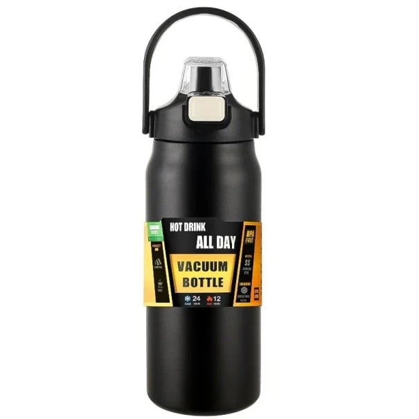 Thermosflasche mit Strohhalm, 1000 ml, Edelstahl, doppelwandige Thermosflasche für kalte und heiße Getränke, Isolierflasche mit Strohhalm schwarz