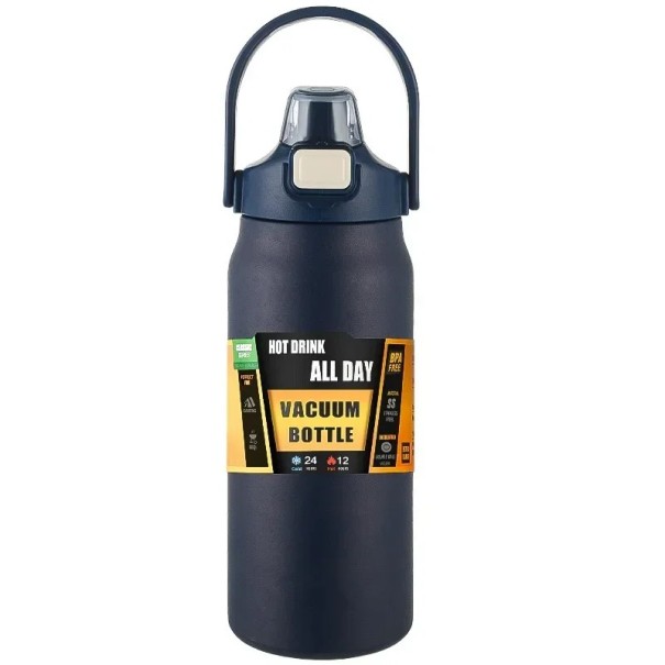 Thermosflasche mit Strohhalm 1500 ml Edelstahl Doppelwandige Thermosflasche für kalte und heiße Getränke Isolierflasche mit Strohhalm Wasserdichter Verschluss Reisethermos dunkelblau