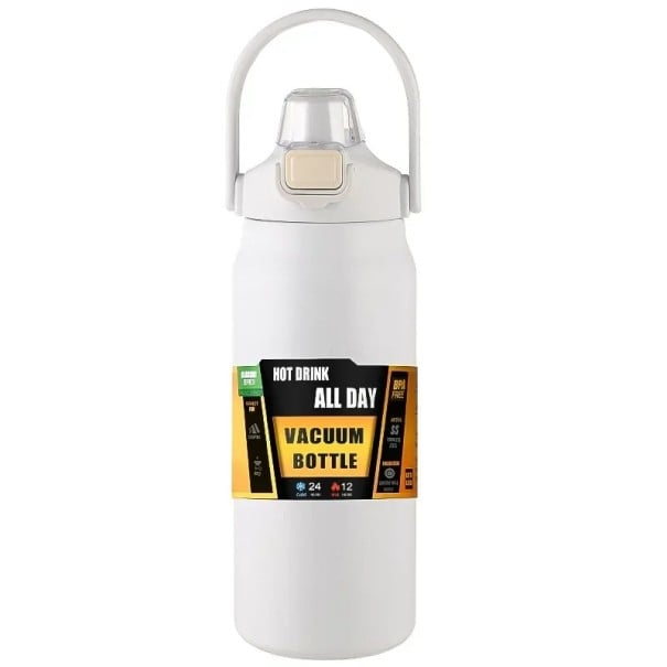 Thermosflasche mit Strohhalm 1500 ml Edelstahl Doppelwandige Thermosflasche für kalte und heiße Getränke Isolierflasche mit Strohhalm Wasserdichter Verschluss Reisethermos weiß