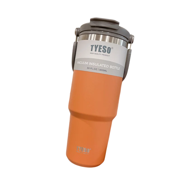 Thermosfles 900 ml vacuüm geïsoleerd van roestvrij staal 304 met rietje voor koude en opening voor warme dranken 10 x 23,7 cm met deksel oranje