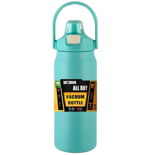 Thermosfles met rietje 1500 ml RVS Dubbelwandige thermosfles voor koude en warme dranken Geïsoleerde fles met rietje Waterdichte dop Reisthermosfles turquoise