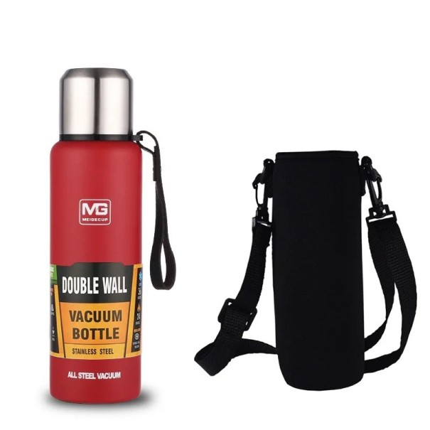 Thermosfles van roestvrij staal 1000 ml met tas Dubbelwandige vacuümisolatie thermosfles voor warme en koude dranken Reisthermofles met riem Lekvrij deksel rood