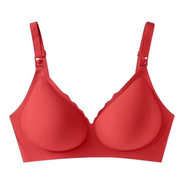 Thin Seamless Bra for Pregnant and Nursing Women without Underwire with Clips on the Straps and Wavy V-Neck red XL