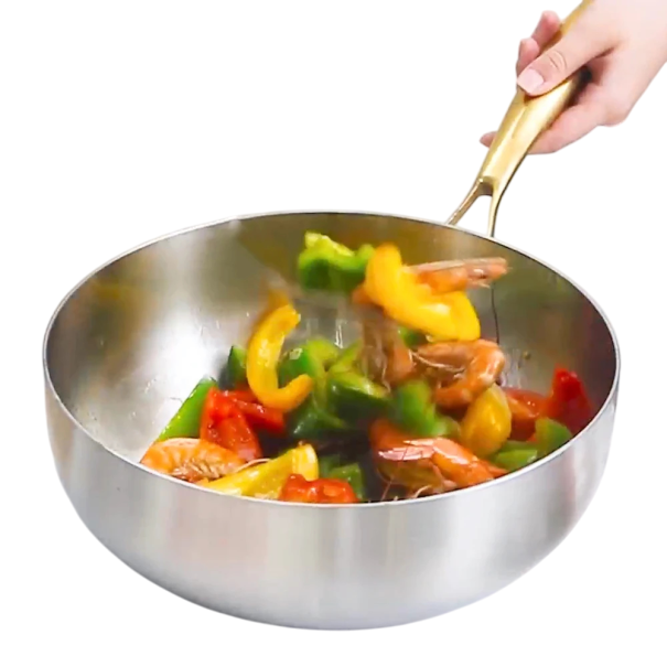 Tigaie Wok din oțel inoxidabil, adâncime 24 cm, tigaie universală pentru friptură, suprafață antiaderentă, pentru inducție și aragaz, ustensile 1