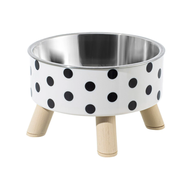 Tigela de aço inoxidável para gatos e cães com padrão de bolinhas em pés de madeira Diâmetro 14 cm Altura 9 cm Tigela de design para animais 1