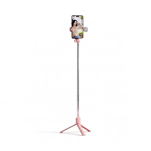 Tijă selfie cu stativ și lumină LED cu telecomandă Bluetooth Tijă telescopică din aluminiu Suport rotativ pentru telefon 360° Roz pentru călătorii 1