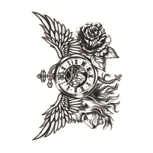Tijdelijke tatoeage Clock Wings Rose 10 x 20 cm Waterdichte lichaamstatoeage Symbool van tijd en vrijheid Blijft tot 15 dagen zitten Eenvoudige toepassing 1