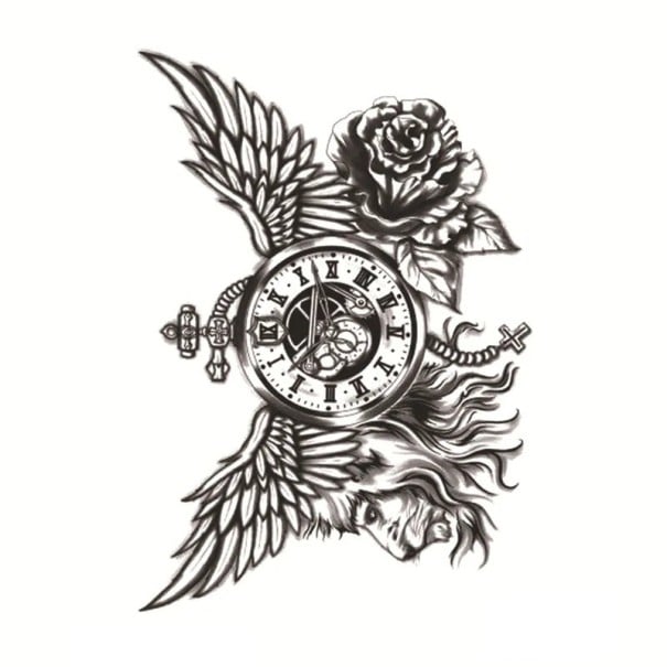 Tijdelijke tatoeage Clock Wings Rose 10 x 20 cm Waterdichte lichaamstatoeage Symbool van tijd en vrijheid Blijft tot 15 dagen zitten Eenvoudige 1