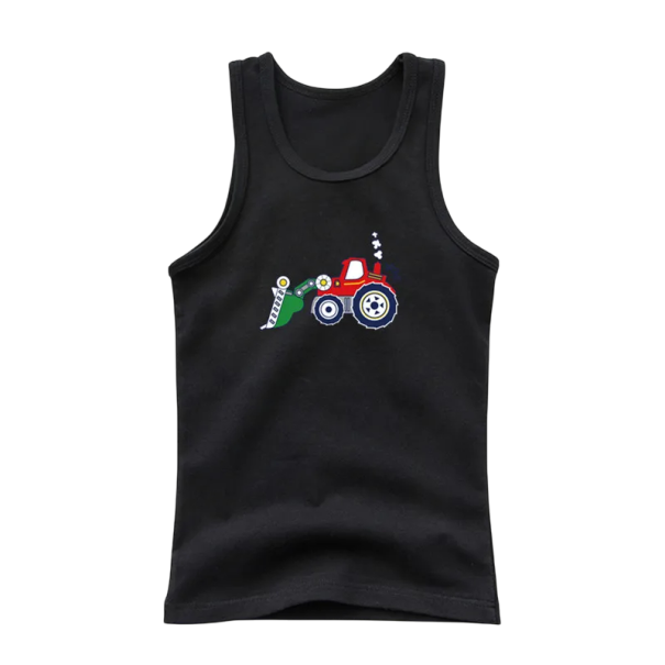 Tílho de algodão para crianças com estampado de trator Camiseta sem mangas com decote redondo Top de verão para rapazes e raparigas preto 6