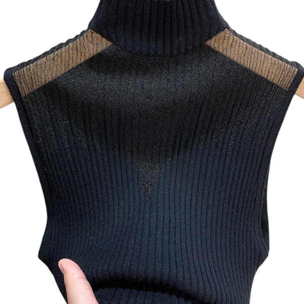 Tílko Feminino Tamanho Universal Liso Alças Largas Decote Redondo Gola Alta Semi-Transparente na Parte do Peito Poliéster Algodão preto