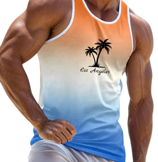 Tílko Masculino Los Angeles em Material Polyester com Decote Redondo e Estampa de Palmeiras e Inscrição Los Angeles Design de Verão Corte Reto Leve XL