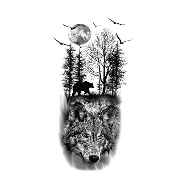 Tillfällig vattentät tatuering 21 x 11,4 cm Motiv varg skog björn måne Klistermärke tatuering Vild natur Snygg kroppsdekoration