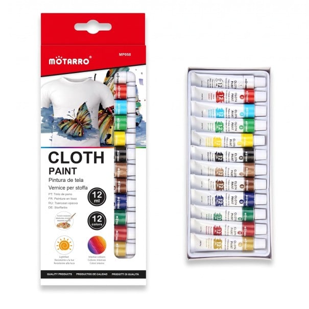 Tinta para tecido conjunto 12 pcs Tubos 12 ml Tinta acrílica permanente resistente à lavagem Composição não tóxica Para roupa, tela e sapatos Arte utilizável 1