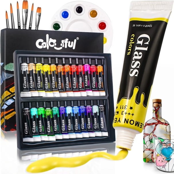 Tinta para vitrais conjunto 24 pcs Tubos 12 ml Acrílico à prova de água para vidro Inclui 6 pincéis e paleta de mistura Frascos de vidro e decorações em vidro 1