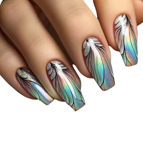 Tipsy do paznokci z chromowym efektem 24 szt. Nalepiane sztuczne paznokcie Coffin do domowej manicure Tęczowy błyszczący design 1