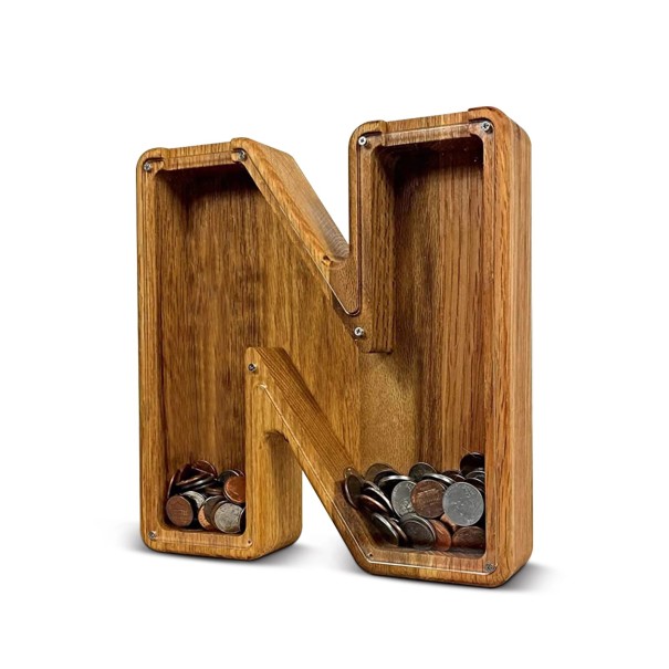Tirelire en bois lettre N 18 cm de hauteur 2,8 cm de largeur Partie en plastique transparent Tirelire décorative 1