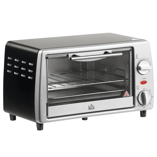 Tisch-Elektrobackofen mit einem Volumen von 10 l, einer Leistung von 750 W und einer Temperaturregelung von 100 bis 230 °C in Schwarz-Silber mit Rost und Blech