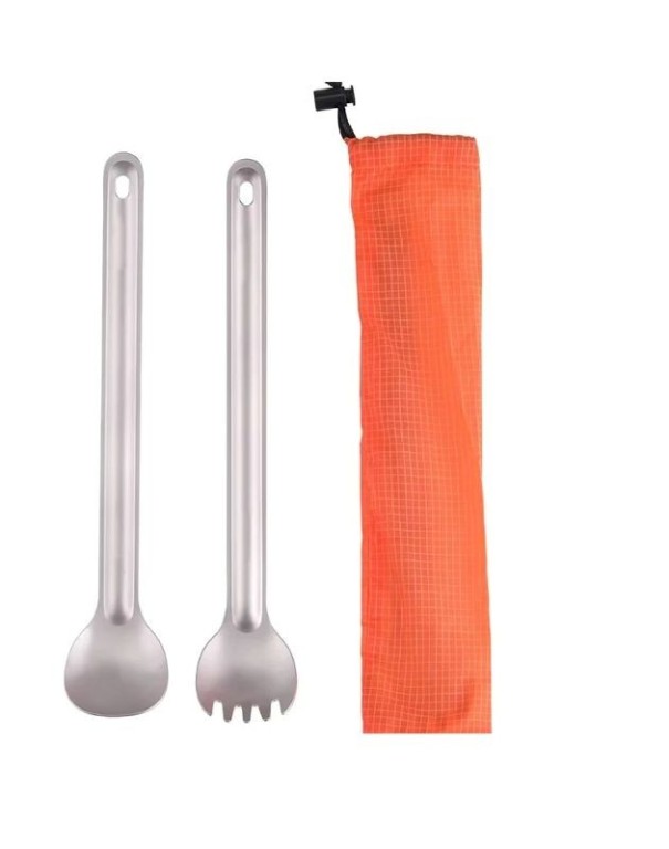 Titanium sæt af ske og gaffel med lang håndtag ultralet camping bestik i titanium sølv bærbart sæt til vandreture og camping 1