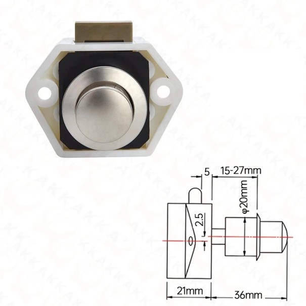 Tlačítkový nábytkový zámek 20 mm pro dveře 15–27 mm slitina zinku karavanový zámek proti otevření pro skříňky a dvířka bílá