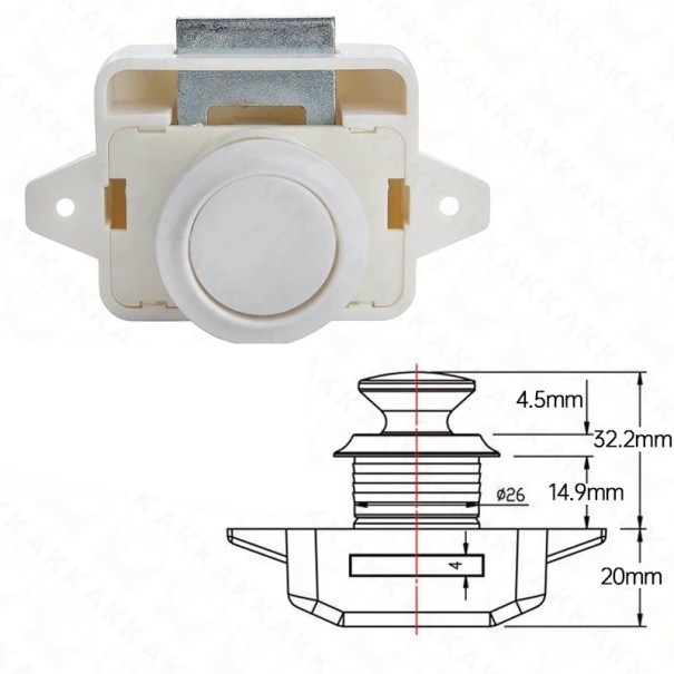 Tlačítkový nábytkový zámek 26 mm pro dveře 15–27 mm slitina zinku karavanový zámek proti otevření pro skříňky a dvířka bílá