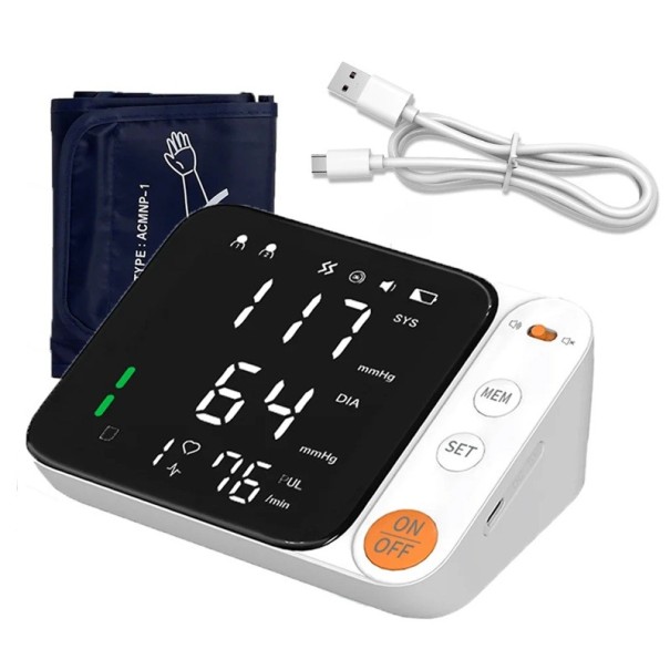 Tlakoměr na paži s velkým LED displejem Manžeta 22 až 36 cm Dvojitá paměť 99 měření Automatické tlakování Bílý Na měření tlaku a tepu doma 1