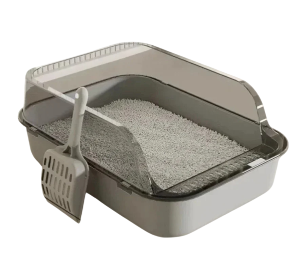 Toaletă pentru pisici semiînchisă 37 x 26 x 15 cm Cutie de nisip impermeabilă pentru pisici Vas din plastic pentru bază Curățarea toaletelor Animal de companie gri