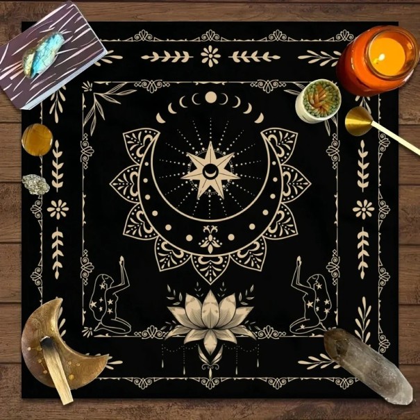 Toalha com motivos de tarô 75 x 75 cm Toalha decorativa preta para adivinhação Toalha de altar Decoração esotérica e mística para o lar 1