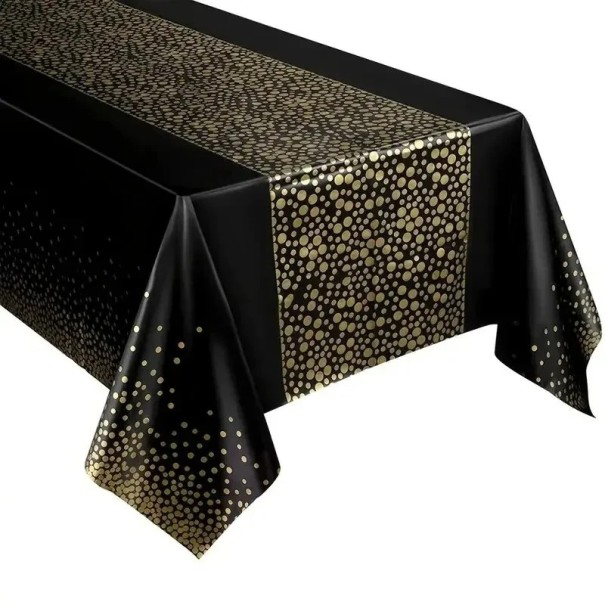 Toalha de mesa descartável pequena com bolinhas 137 x 274 cm Cobertura plástica reforçada e impermeável para festas, casamentos, jantares e uso ao ar livre preto