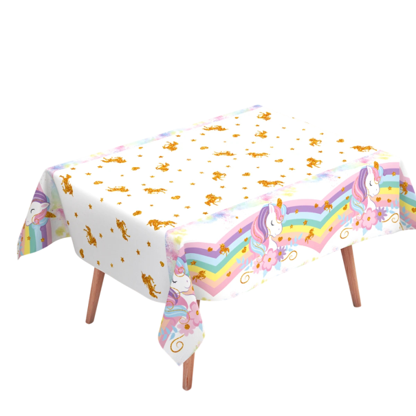 Toalha de PVC 220x130 cm com motivo de unicórnio arco-íris decoração de aniversário para mesa de crianças meninas festa celebração e baby shower 1