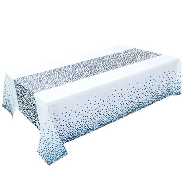 Toalha descartável 137x247 cm com pequenos pontos PEVA reforçada impermeável toalha de mesa à prova de água decoração casamento aniversários festas azul