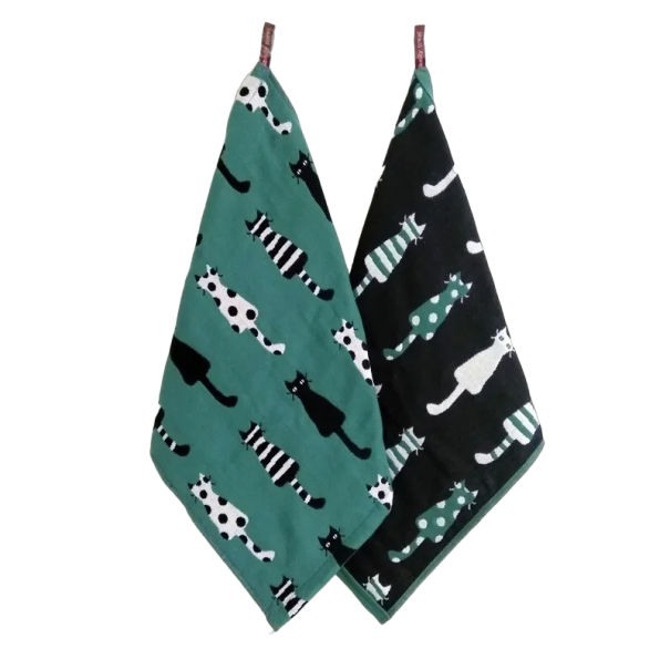 Toalla infantil con estampado de gatos Toalla de algodón para niños Toalla reversible para niños con lazo 35 x 40 cm verde oscuro