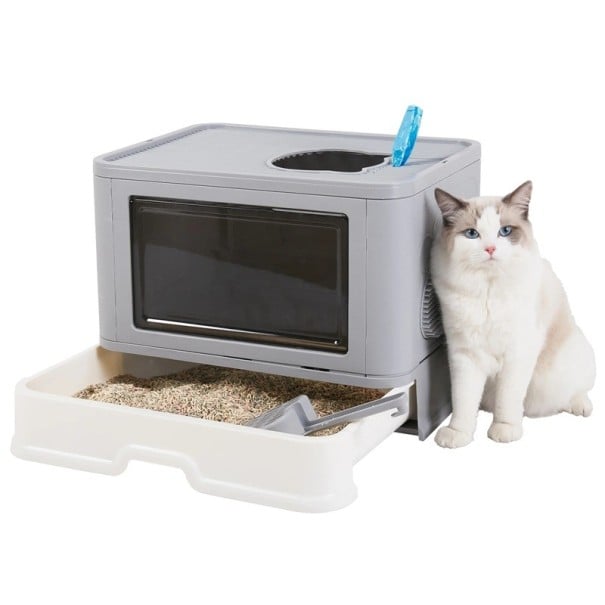 Toilette pour chat pliable 50 x 38 x 37 cm Toilette en plastique fermée avec entrée avant et sortie supérieure Pelle de massage Intimité des chats 1