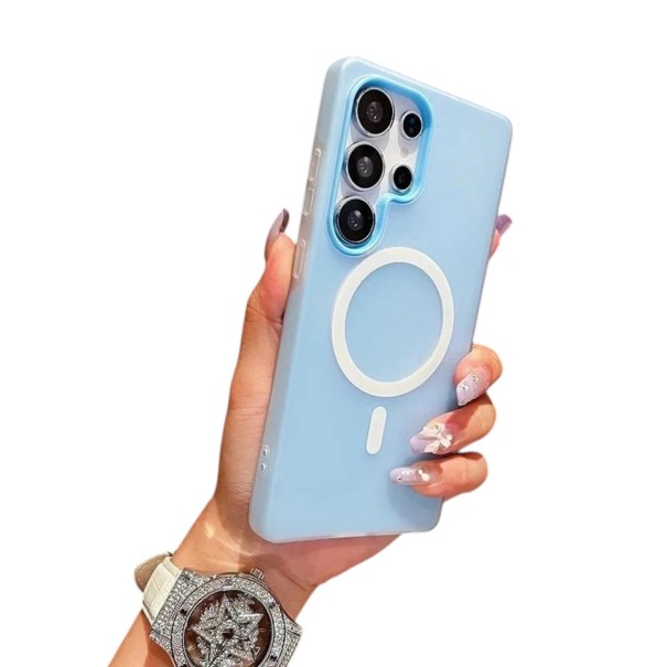 Tok Samsung Galaxy S26 Ultra S mágneses gyűrűvel vezeték nélküli töltéshez Két színű, kontrasztos tok S26 Ultra-hoz kék