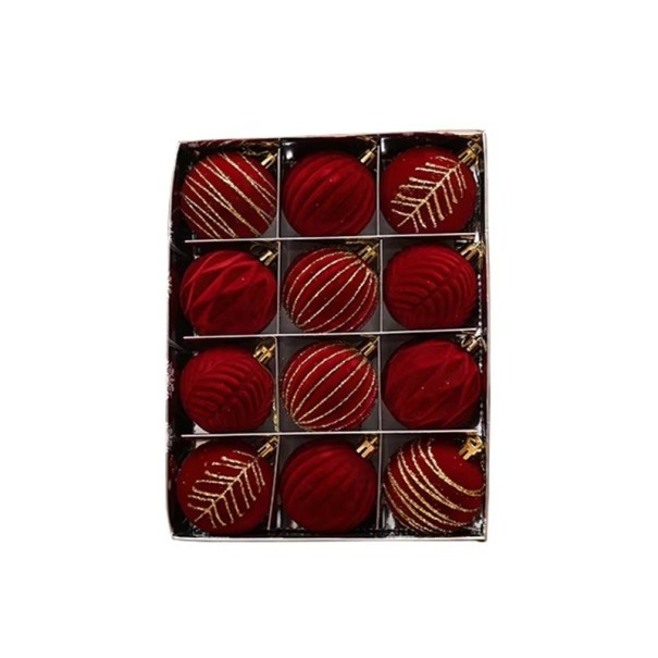 Tolvdelad uppsättning av julkulor 6 cm Sex dekorer med två stycken Ovanor till julgranen Juldekorationer 6 x 6 x 7 cm röd