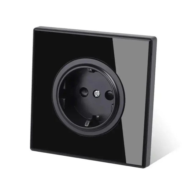 Toma de corriente de pared 230 V con panel de vidrio templado 8,6 x 8,6 cm, 16 A, cuerpo de plástico, negro, para caja empotrada E
