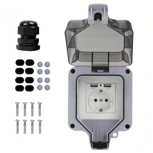 Tomada externa à prova de água da UE com 2× USB-A e tampa, à prova de poeira, IP66, 16 A, 10,5 × 10,5 × 9,2 cm, plástico ABS, cinza, para jardim 1