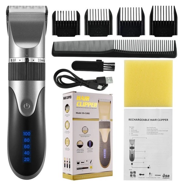 Tondeuse à cheveux électrique sans fil pour hommes avec têtes interchangeables Tondeuse à cheveux avec lame en céramique Lame réglable pour différentes longueurs de coupe Tondeuse à cheveux avec accessoires interchangeables et indicateur de batterie LED argenté