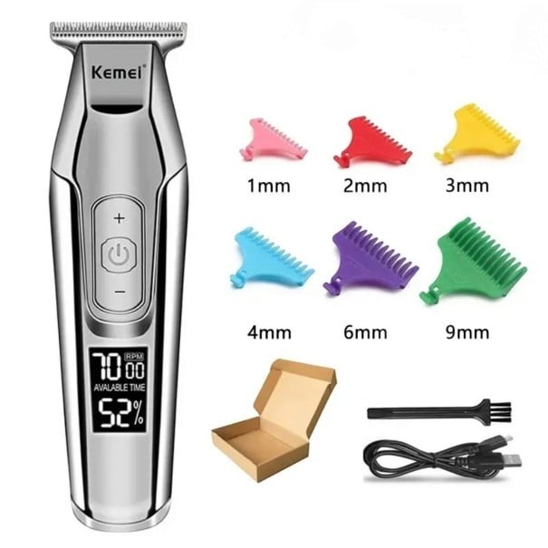 Tondeuse à cheveux et à barbe avec lame en T pour hommes Vitesse réglable Écran LED Peignes colorés de 1 à 9 mm Argentée Tondeuse de contours 1