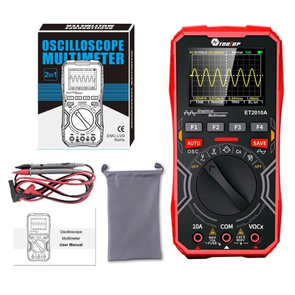 TOOLTOP ET2010A 2v1 osciloscópio digital multímetro 1MHz 2,5MSa/s osciloscópio portátil de laboratório para reparações e testes elétricos vermelho