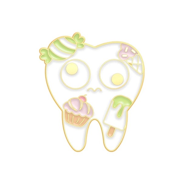 Tooth Pin with Sweets Metal White Badge for Clothing Backpack Bag Accessory with Tooth and Candy Design in Cartoon Style 1