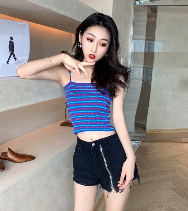 Top corto a righe da donna blu