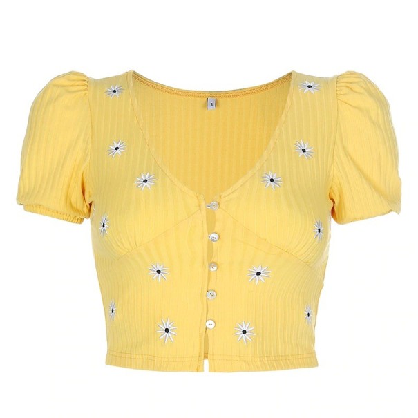 Top corto amarillo de mujer con flores M
