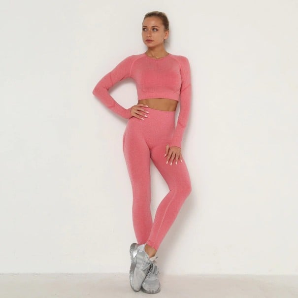 Top corto da donna con maniche lunghe e leggings rosa scuro M