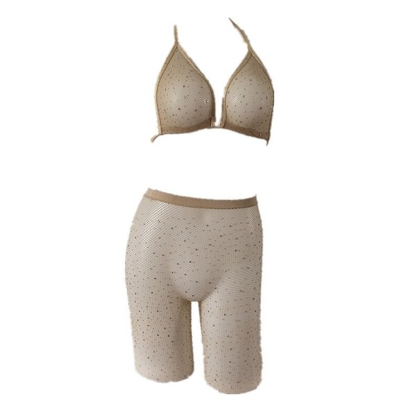 Top corto da donna e pantaloni P889 beige