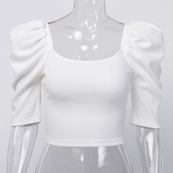 Top corto de mujer con hombros fruncidos A1043 blanco XS